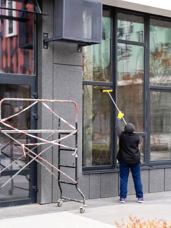 window cleaning apartment building complex.